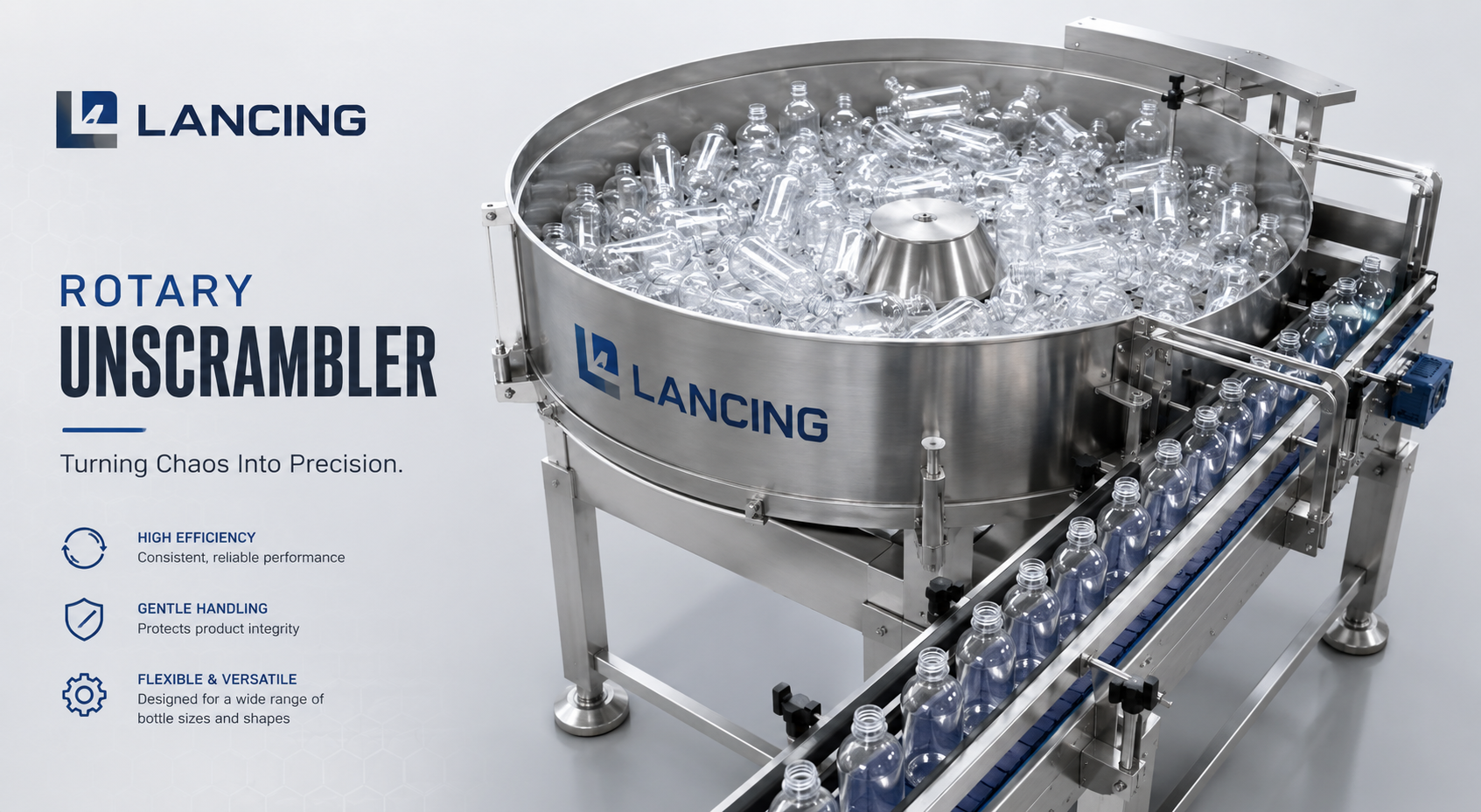 Lancing rotary bottle unscrambler machinery with bottles feeding into a conveyor